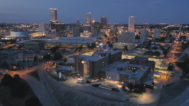 Tulsa, Oklahoma, USA. Aerial of the Tulsa city skyline at night