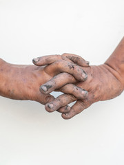 Dirty hands showing gestures on a white background