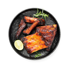 Grilled and smoked pork ribs with barbeque sauce and rosemary isolated on white background