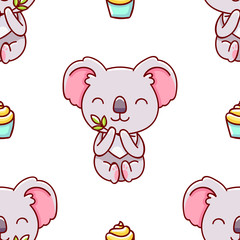 Seamless pattern, cute kawaii hand drawn koala doodles