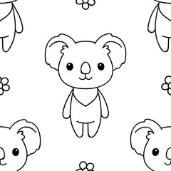 Seamless pattern, black and white cute hand drawn koala doodle, coloring pages