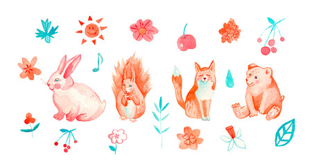 Big watercolor set cute fox, rabbit, bear, squirrel in gentle shades. Clip art animalistic illustrations hand drawn on a white isolated background. Design for social networks, packaging, card.