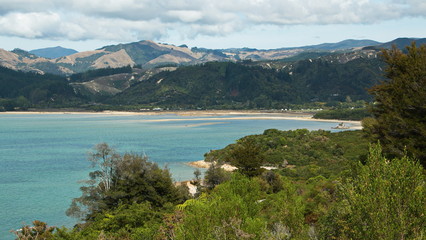 View of Sandy Bay from Coastal track near Marahau,Tasman Bay in Abel Tasman National Park,Tasman Region on South Island of New Zealand 
