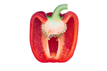 A close-up of bright red bell pepper and cut in half vertically on a white background. Take the...