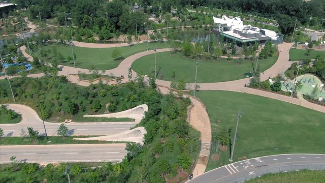 Tulsa, Oklahoma, USA. Aerial: The Gathering Place park on Riverside Drive.