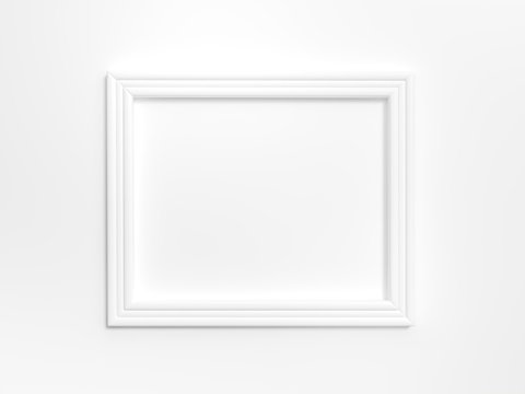 White frame on white background 3d rendering. 3d illustration Modern picture frame, Empty white border frame, Blank picture frame on white wall template minimal concept.
