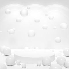 White podium stage backdrop and multi balls with ies spotlight on white background for product display stand or used in other designs 3d rendering. 3d illustration template minimal style concept.