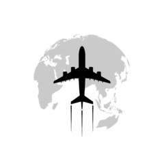 Globe with flying airplane icon isolated on white background