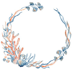 Watercolor underwater floral wreath with corals and leaves, hand drawn illustration  © EvgeniiasArt