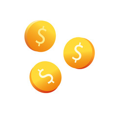 Coins money falling or golden cash flying vector flat cartoon illustration isolated, modern design icon or wealth symbol image
