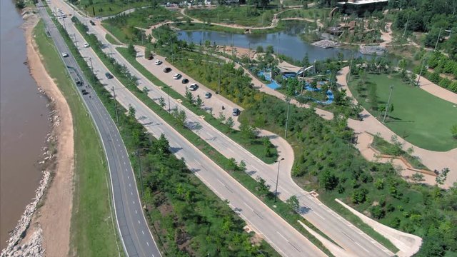 Tulsa, Oklahoma, USA. Aerial: The Gathering Place park on Riverside Drive.
