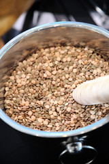Lentils in metal bowl presented as decoration on a catering