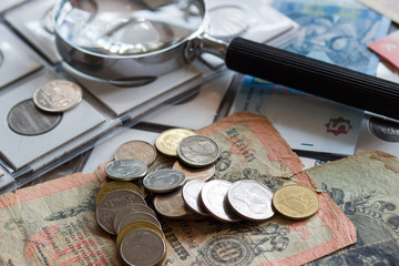 Background from different coins and old banknotes
