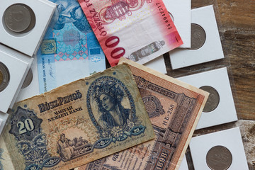 Background from different coins and old banknotes