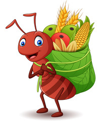 Cartoon ant carrying food with a leaf basket. Vector illustration