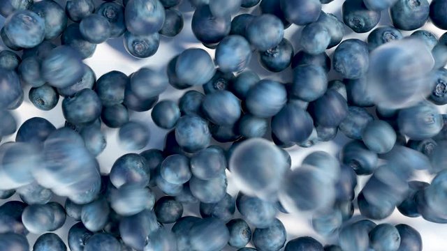 Realistic 3D Blueberry falling down in slow motion. Close up render animation. Fresh nature food on white surface.