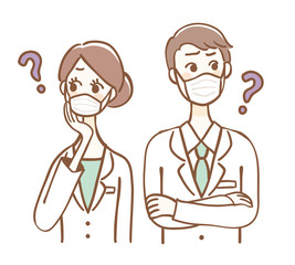 An illustration in which men and women wearing surgical masks are in trouble.