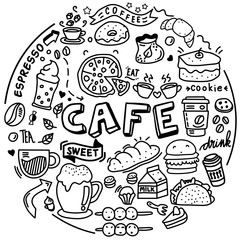 Fototapeta premium Cafe doodle template design, hand drawn sketchy vector symbols and objects, vector elements of coffee, cupcakes, dessert, coffee cups, restaurant wall doodle, vector food art, paper and any ideas