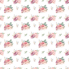 Hand drawn watercolor pattern with red, white and blue roses, peony and lilac flowers and green leaves. Isolated on white background for wedding invite design