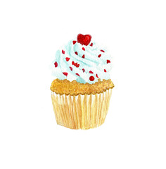 Muffin con panna e decorato con cuoricini rossi, isolato su sfondo bianco