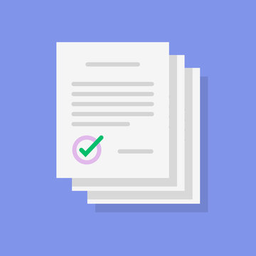 Agreement documents stack pile icon or paper contract list sign with signature and checkmark or tick vector flat cartoon, idea of legal documentation paperwork or success deal approved image