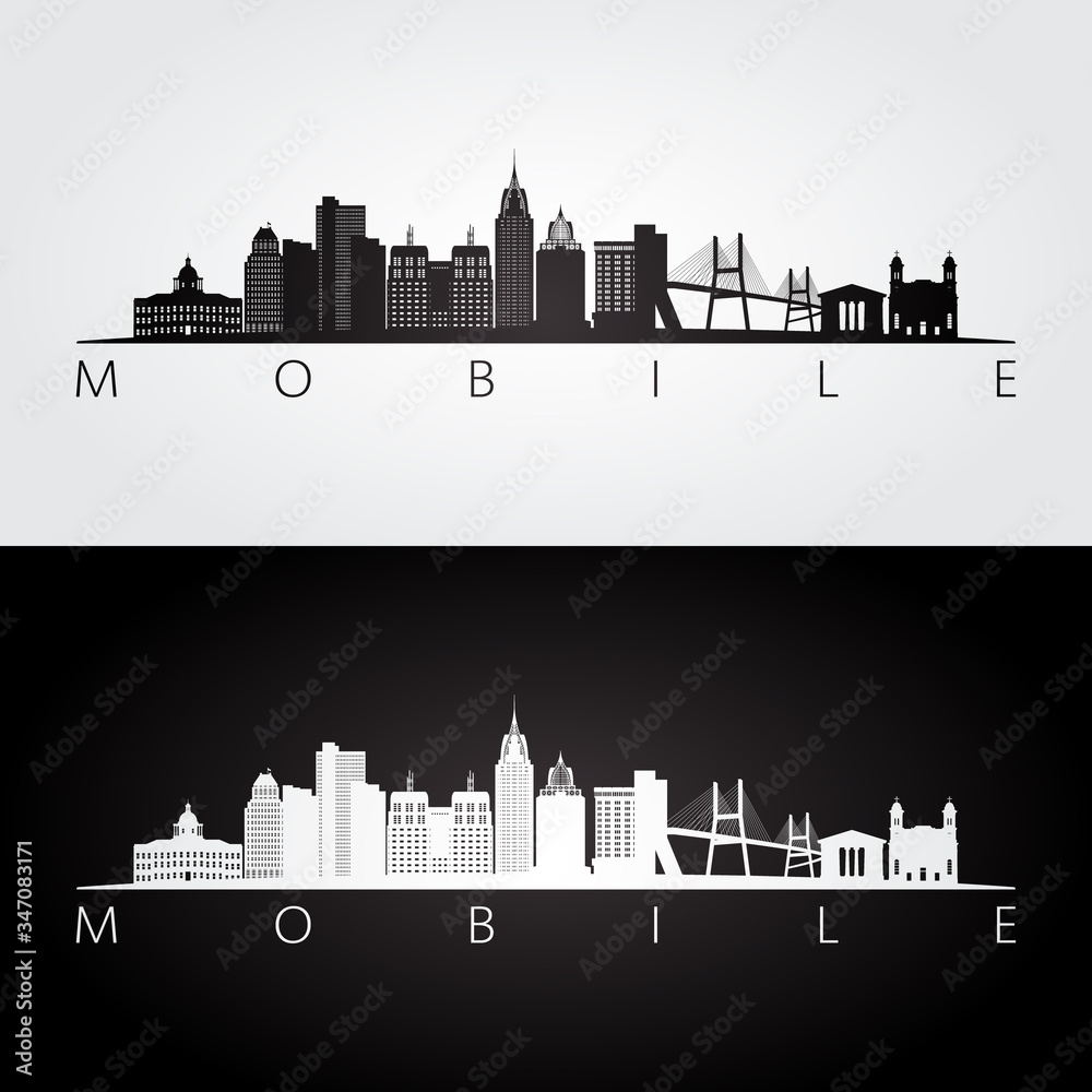 Wall mural mobile, alabama skyline and landmarks silhouette, black and white design, vector illustration. - Wall murals