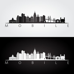 Mobile, Alabama skyline and landmarks silhouette, black and white design, vector illustration.