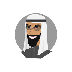 Muslim icon. Islamic arabic ethical man in glasses with long beard and sincere smile on face in traditional clothes. Vector.