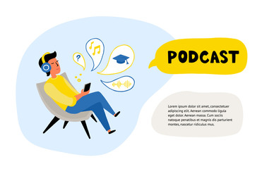 Man listening to podcast vector illustration. Boy in headset cartoon character. Student learning through webinars. Teenager listening to music. illustration is suitable for use on websites, banners.