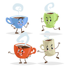 Cute cartoon coffee mug and cups characters set. Coffee time concepts. Jumping, running, giving thumb up poses. Vector illustrations.