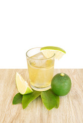 Ice lemon tea on a brown wooden table