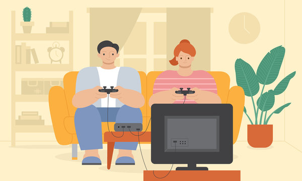 A man and a woman playing video games on a couch at home during Covid-19 quarantine