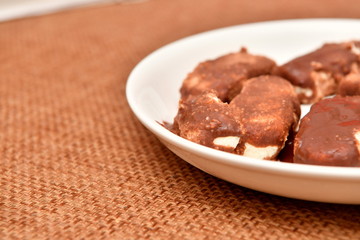 ice cream, syrniki, chocolate tworg, chocolate ice cream, chocolate, plate, food,