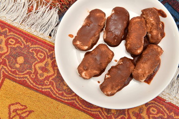 ice cream, syrniki, chocolate tworg, chocolate ice cream, chocolate, plate, food,