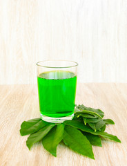 Fresh cool bai yanang tea or Tiliacora triandra on a wooden table