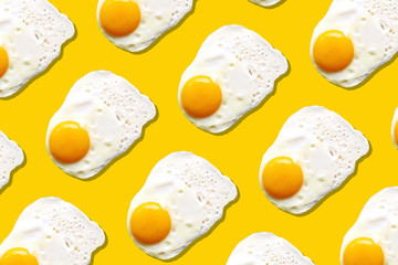 Fried egg or scrambled eggs pattern on yellow background. Creative food concept. Top view. Conceptual trend. Banner. Keto diet. Healthy food print. Creative design for packaging.