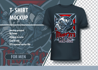 Monsters of Rock T-shirt mock-up with aggressive creature and microphone.