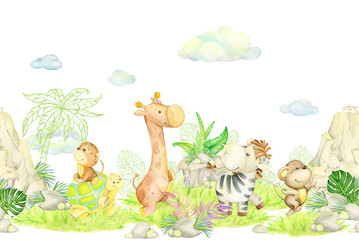 Giraffe, turtle, leopard, Zebra, monkey, clouds, plants, mountains. Seamless, watercolor, pattern, on an isolated background. - obrazy, fototapety, plakaty