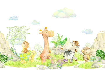  Giraffe, turtle, leopard, Zebra, monkey, clouds, plants, mountains. Seamless, watercolor, pattern, on an isolated background. © Natalia