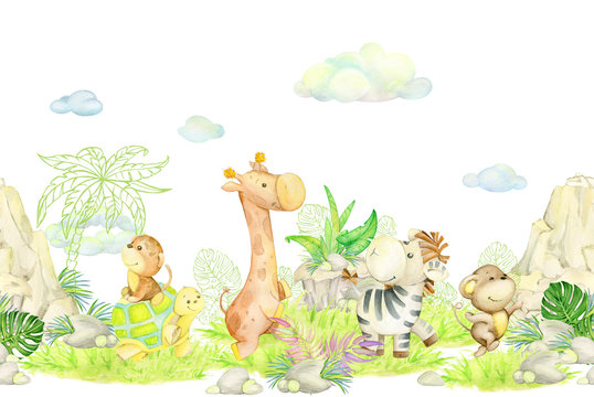 Fototapeta Giraffe, turtle, leopard, Zebra, monkey, clouds, plants, mountains. Seamless, watercolor, pattern, on an isolated background.