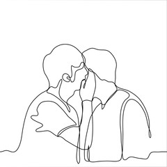 Two men are standing close to each other, the guy whispers in his friend’s ear, covering his mouth with his palm. The concept of transmitting a secret, information, important data, gossip, news