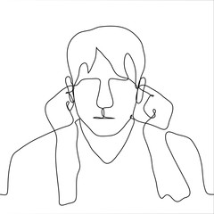Portrait of a man plugging his ears with index fingers. The person is tired of noise, does not want to listen to the speaker, wants silence, presence in a noisy place.
