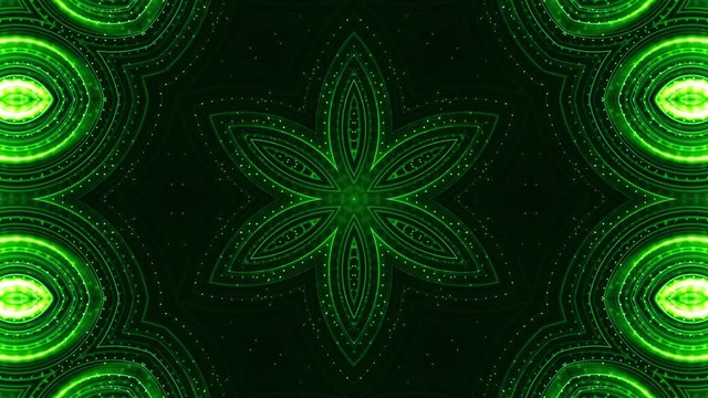 4k looped sci-fi 3d background with glow green particles form lines, surfaces, pattern, kaleidoscope structures. Abstraction symmetrical point structures of microworld in motion. 7
