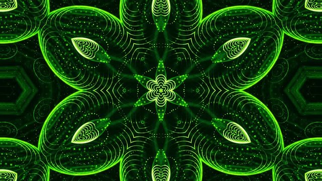4k looped sci-fi 3d background with glow green particles form lines, surfaces, pattern, kaleidoscope structures. Abstraction symmetrical point structures of microworld in motion. 4