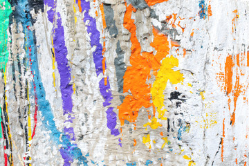 Closeup of colorful messy painted urban wall texture. Modern pattern for wallpaper design. Creative urban city background. Abstract open composition.	