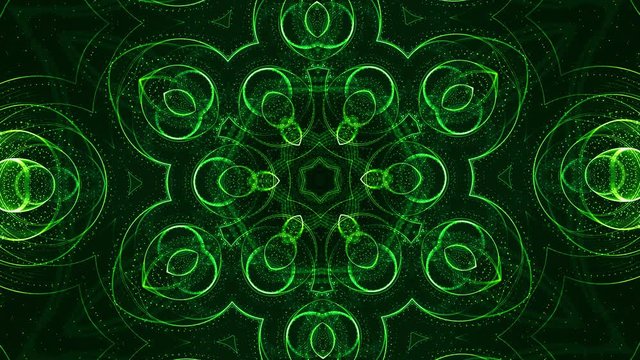4k looped sci-fi 3d background with glow green particles form lines, surfaces, pattern, kaleidoscope structures. Abstraction symmetrical point structures of microworld in motion. 1