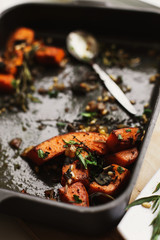 Baked pumpkin with pine nuts and greenery. Vegetarian and vegan food. Healthy lifestyle.