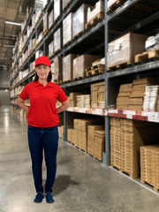 Woman operator in uniform with Blurred the background of the warehouse storage