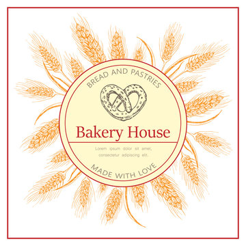 Bakery, pastry shop label, flyer template with wheat ears wreath and pretzel logo on white background. bakeshop vector hand drawn sketch illustration. banner for bakehouse, bread packaging design.