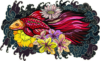 Obraz premium Colorful Siamese fighting fish or betta fish swimming in Japanese wave with peony and daisy flowers for hand drawn tattoo art design in geometric and circular ornament frame